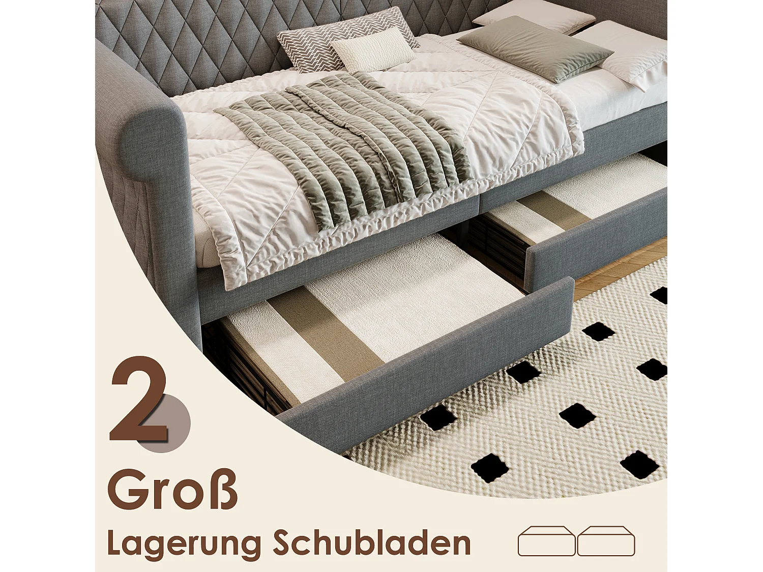 Gestoffeerd bed 90 x 200 cm met 2 lades, slaapbank - linnen stof - grijs (zonder matras)