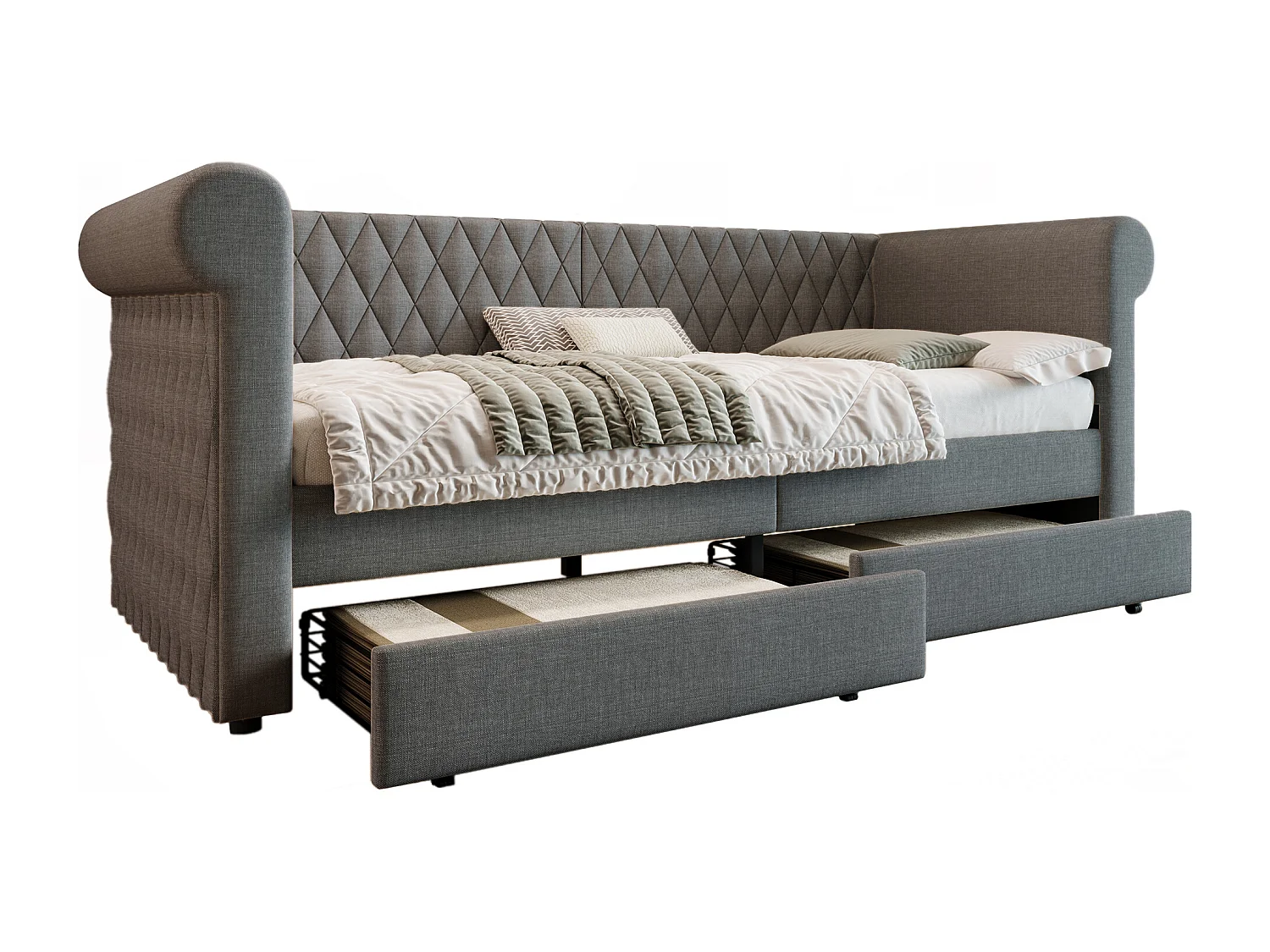Gestoffeerd bed 90 x 200 cm met 2 lades, slaapbank - linnen stof - grijs (zonder matras)