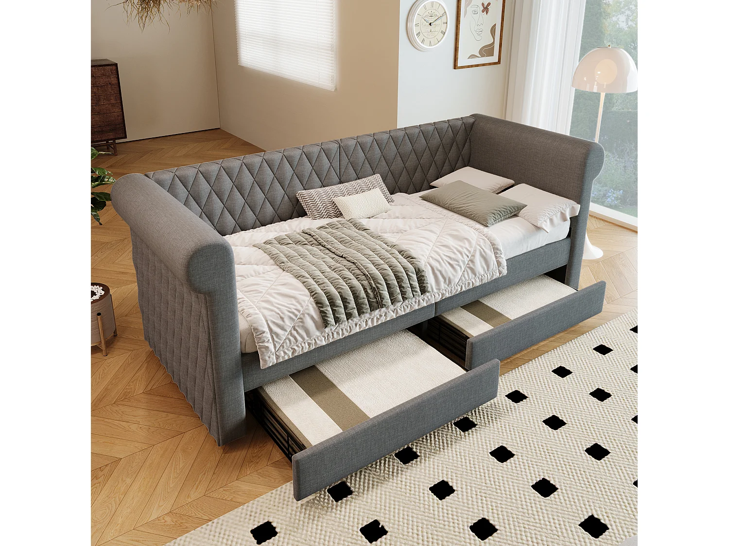 Polsterbett 90 x 200 cm mit 2 Schubladen, Schlafsofa – Leinenstoff – Grau (ohne Matratze)