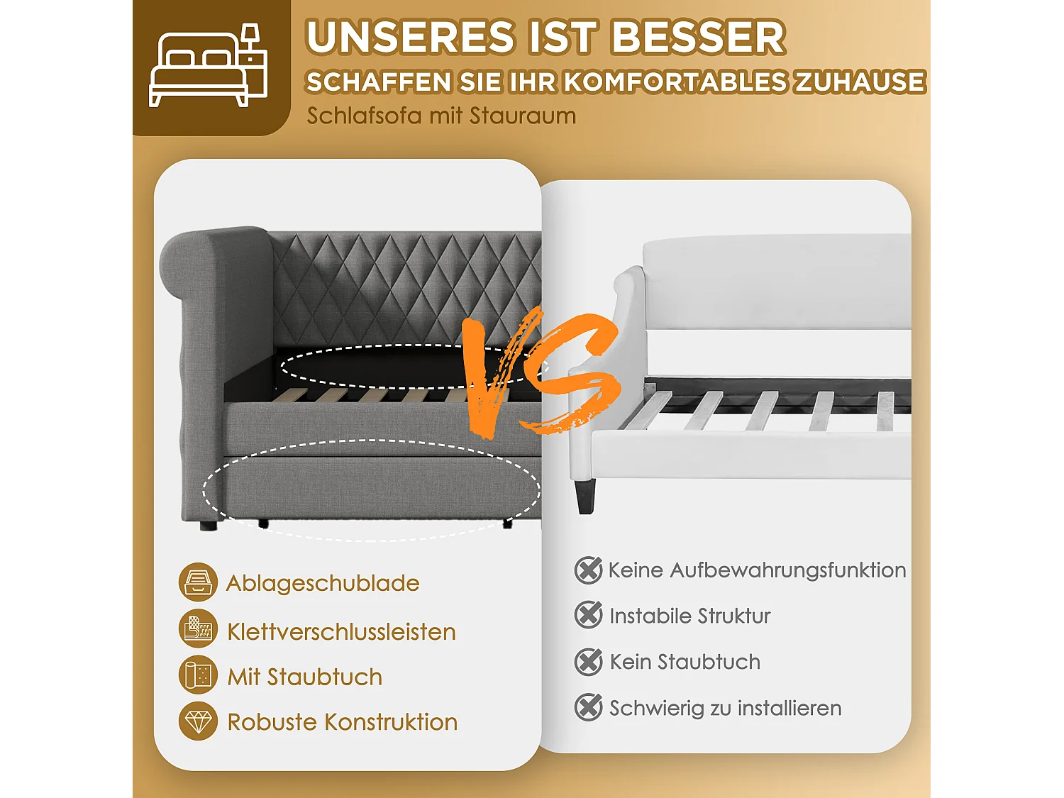 Polsterbett 90 x 200 cm mit 2 Schubladen, Schlafsofa – Leinenstoff – Grau (ohne Matratze)