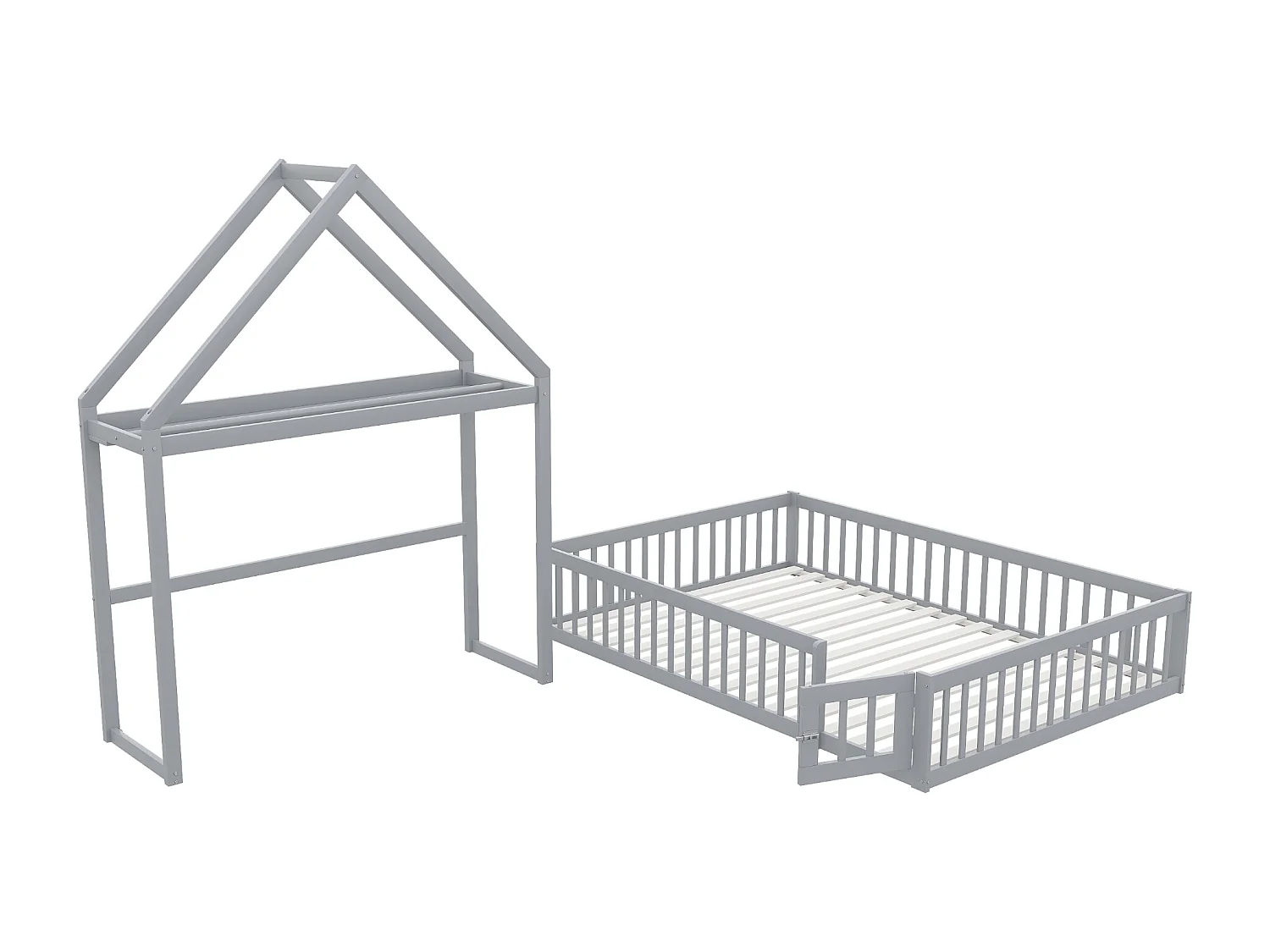 Kinderbed 140 x 200 cm met veiligheidsrek en deur - Deelbaar hoofdeinde - Massief hout + MDF - Grijs