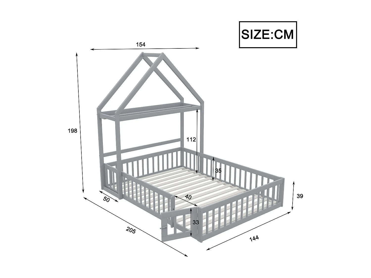 Letto per bambini 140 x 200 cm con griglia di sicurezza e porta - Testiera separabile - Legno massello + MDF - Grigio
