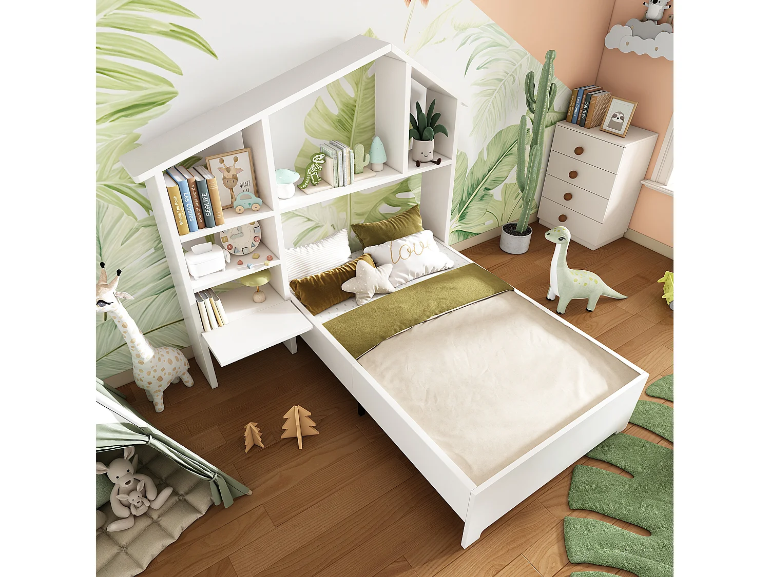 Lit enfant 90 x 200 cm avec étagères de rangement et bureau - Bois massif et MDF - Blanc (sans matelas)