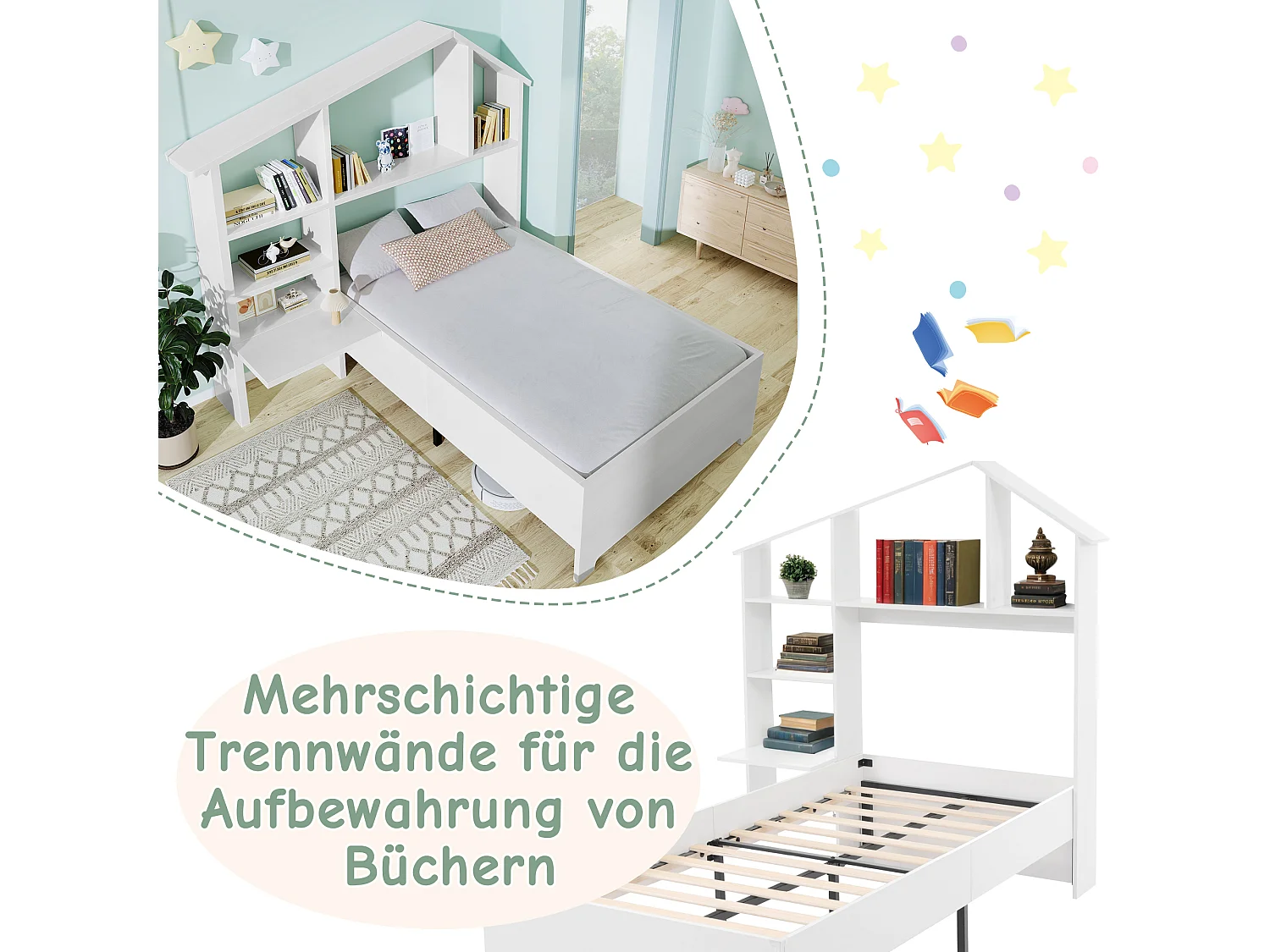 Lit enfant 90 x 200 cm avec étagères de rangement et bureau - Bois massif et MDF - Blanc (sans matelas)