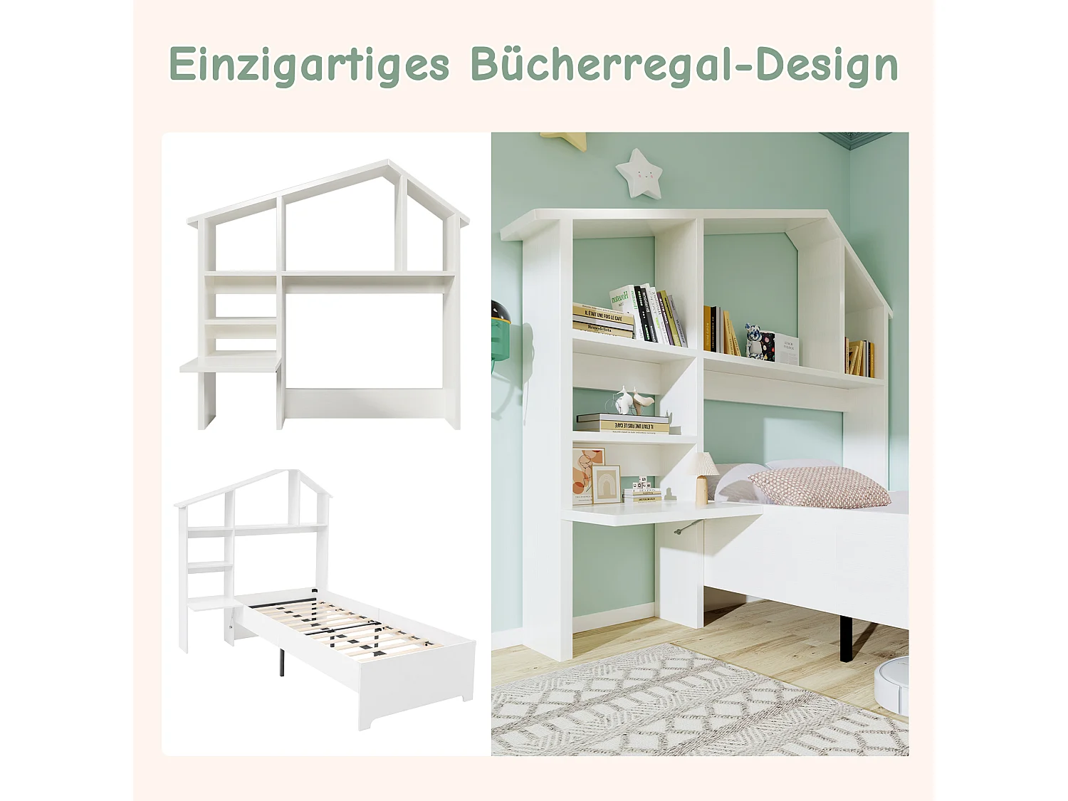 Lit enfant 90 x 200 cm avec étagères de rangement et bureau - Bois massif et MDF - Blanc (sans matelas)