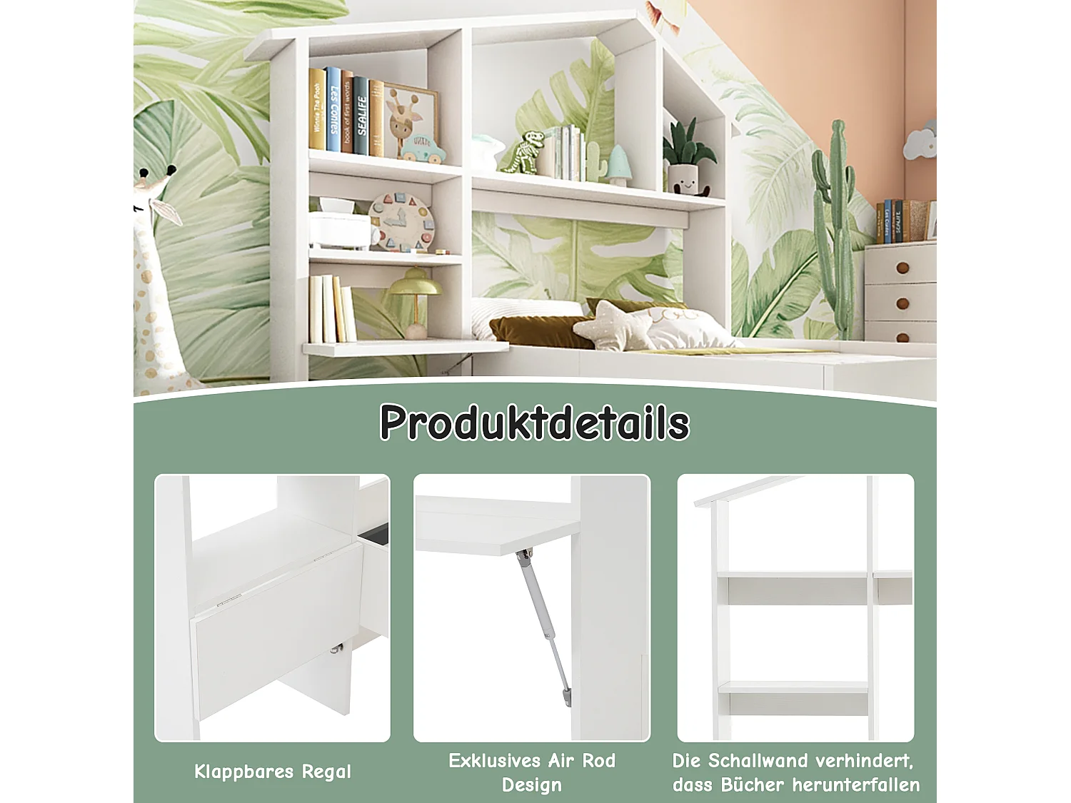 Lit enfant 90 x 200 cm avec étagères de rangement et bureau - Bois massif et MDF - Blanc (sans matelas)