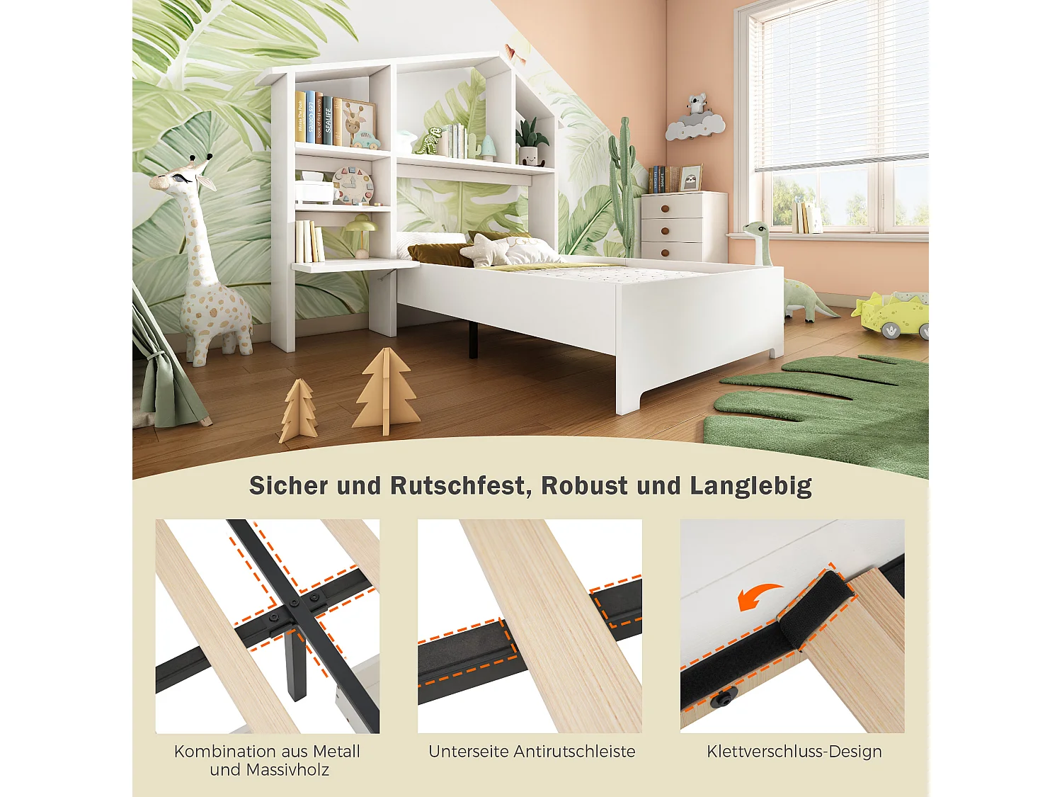 Lit enfant 90 x 200 cm avec étagères de rangement et bureau - Bois massif et MDF - Blanc (sans matelas)