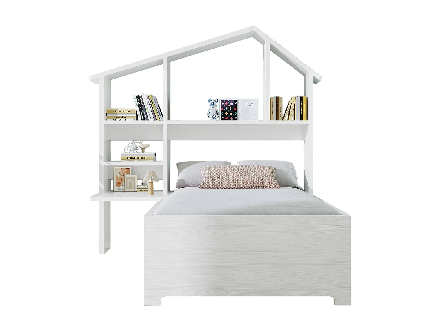 Lit enfant 90 x 200 cm avec étagères de rangement et bureau - Bois massif et MDF - Blanc (sans matelas)