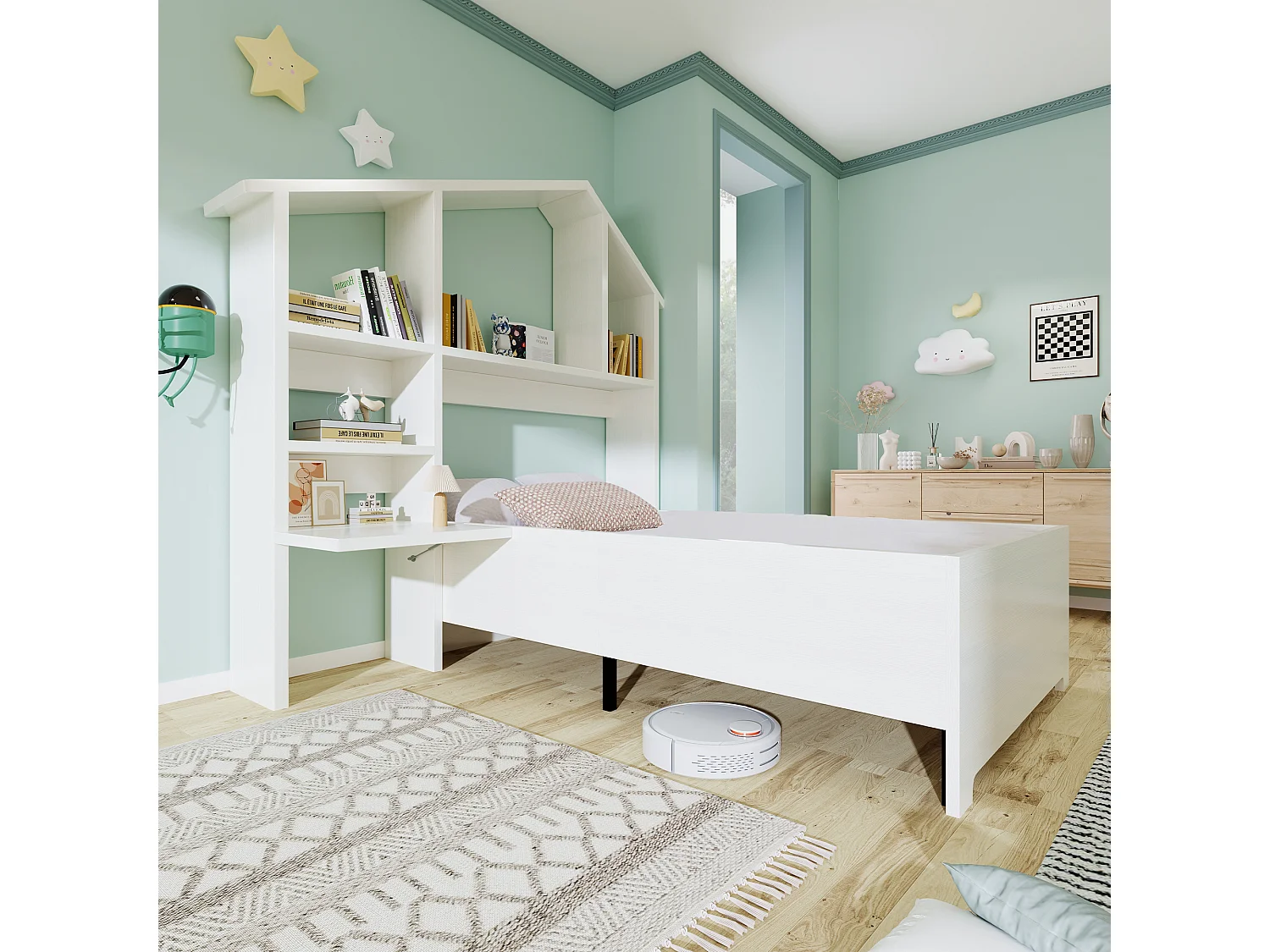 Lit enfant 90 x 200 cm avec étagères de rangement et bureau - Bois massif et MDF - Blanc (sans matelas)