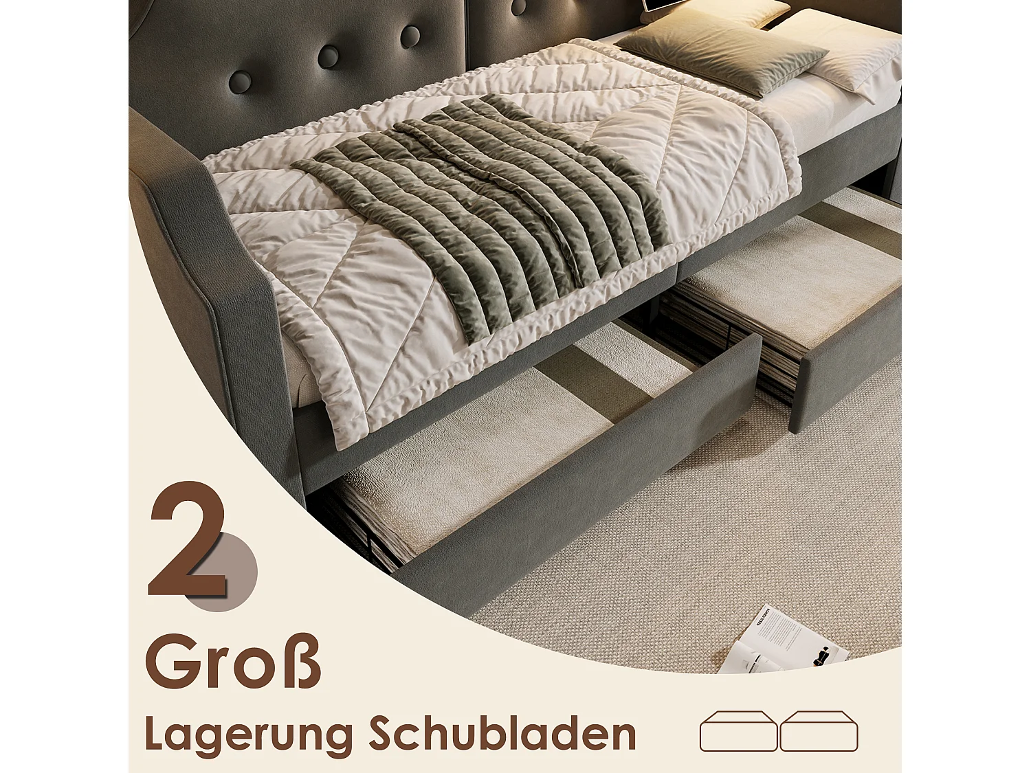 Gestoffeerd bed 90 x 200 cm met 2 lades, slaapbank met 2 lades, leeslamp en USB Type-C stopcontact - Fluweel - Grijs (zonder matras)