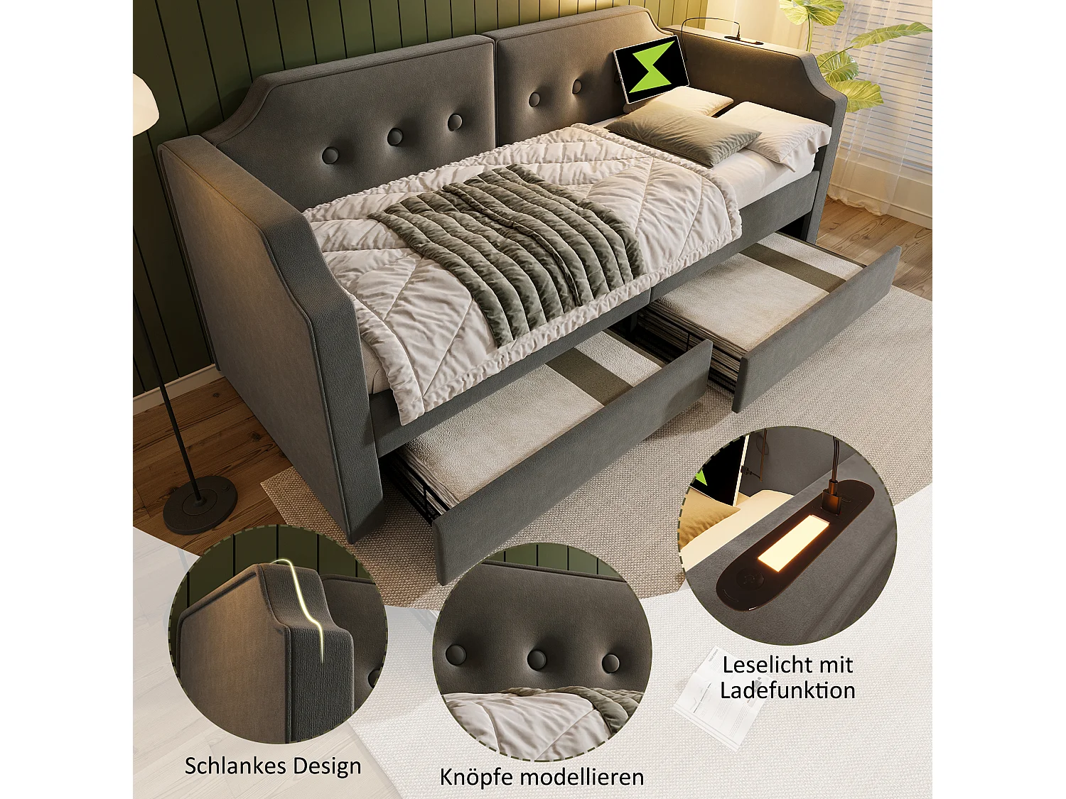 Gestoffeerd bed 90 x 200 cm met 2 lades, slaapbank met 2 lades, leeslamp en USB Type-C stopcontact - Fluweel - Grijs (zonder matras)