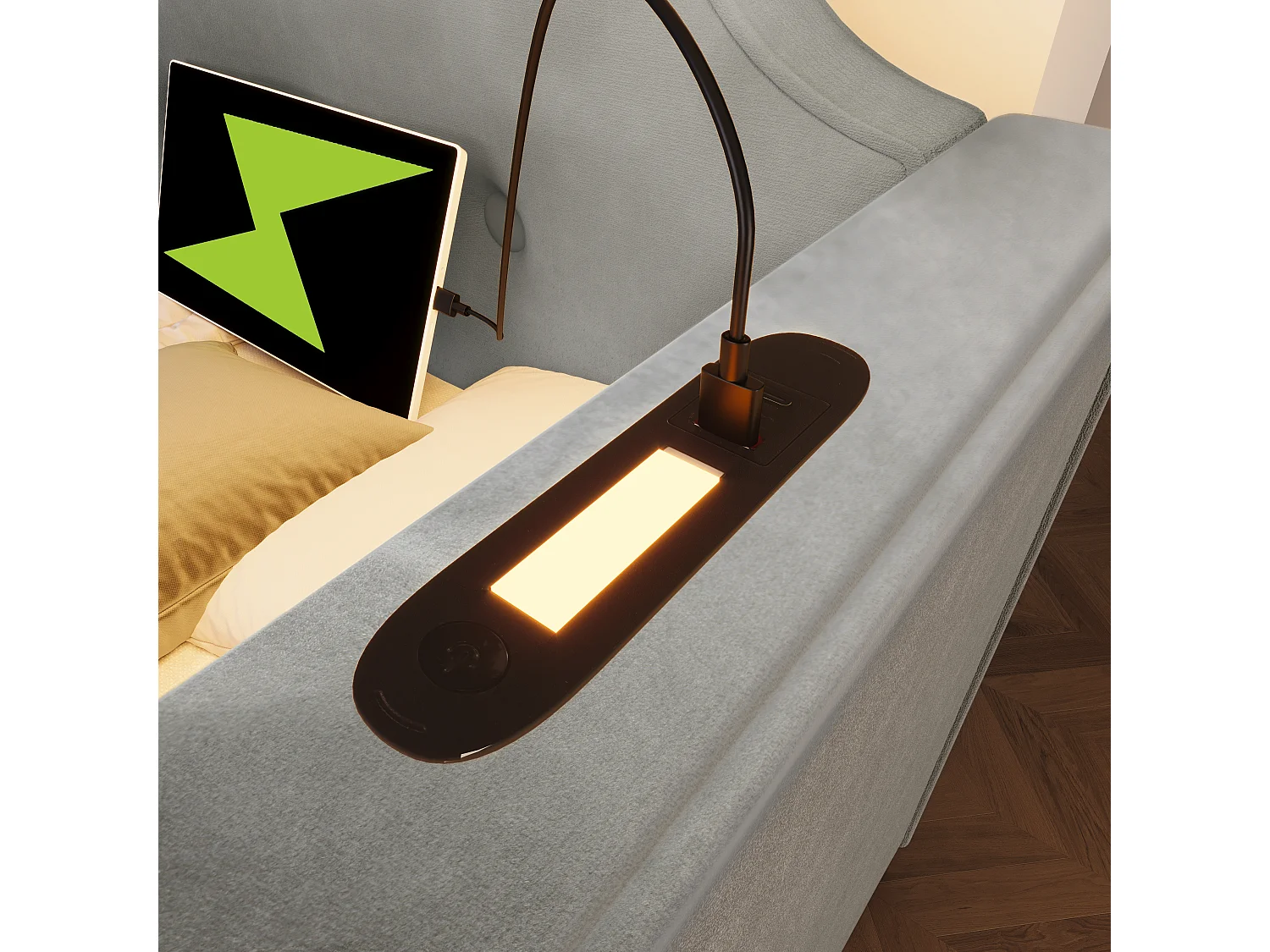 Gestoffeerd bed 90 x 200 cm met 2 lades, slaapbank met 2 lades, leeslamp en USB Type-C stopcontact - Fluweel - Grijs (zonder matras)