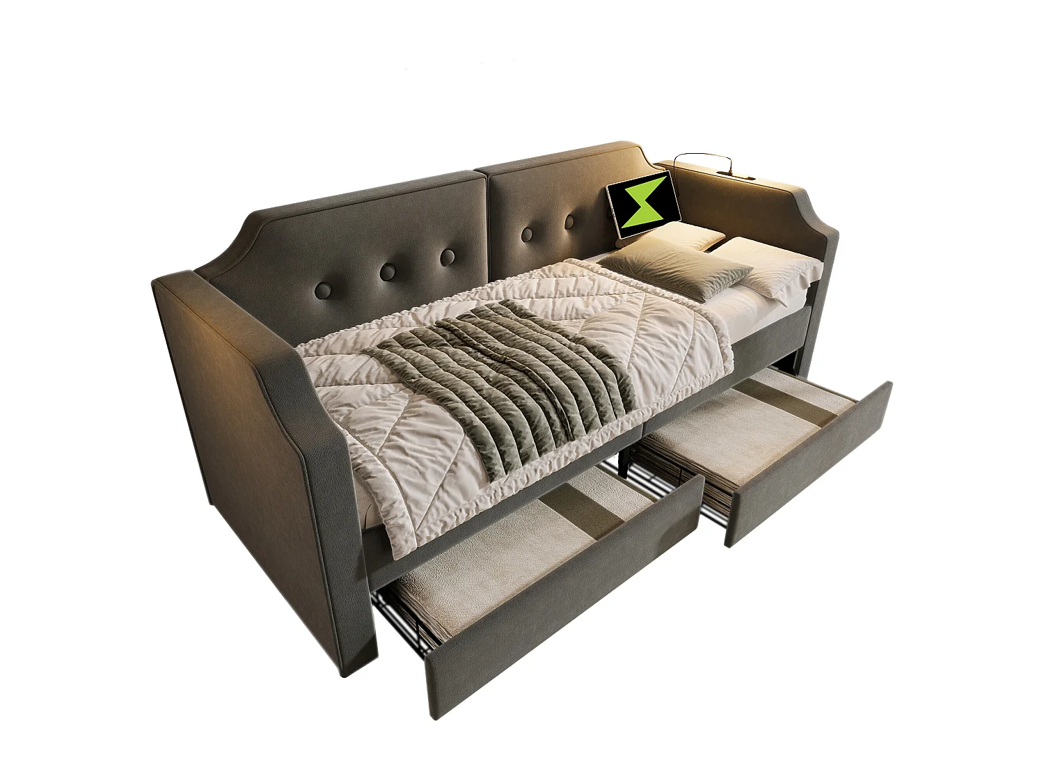 Gestoffeerd bed 90 x 200 cm met 2 lades, slaapbank met 2 lades, leeslamp en USB Type-C stopcontact - Fluweel - Grijs (zonder matras)