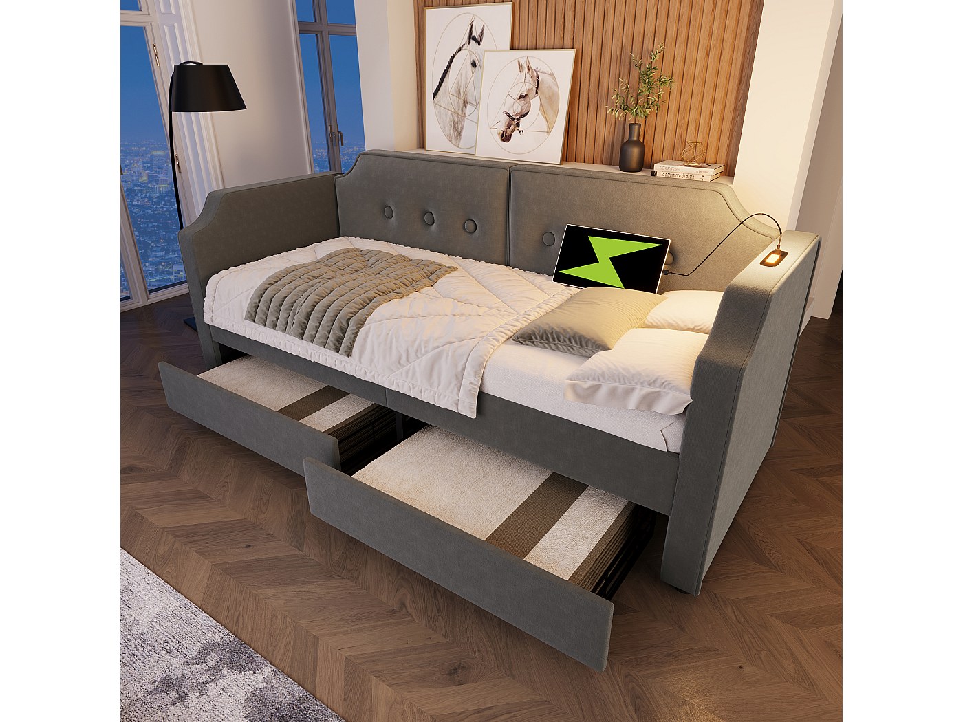 Letto Imbottito Con Contenitore 90x190 Cm - Con Rete A Doghe, Porte USB, Tessuto Lino Grigio, Senza Testiera