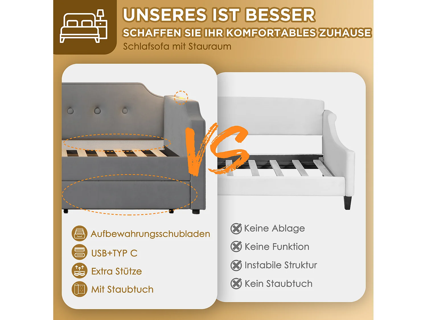Polsterbett 90 x 200 cm mit 2 Schubladen, Schlafsofa mit 2 Schubladen, Leselampe und USB-Typ-C-Buchse – Samt – Grau (ohne Matratze)