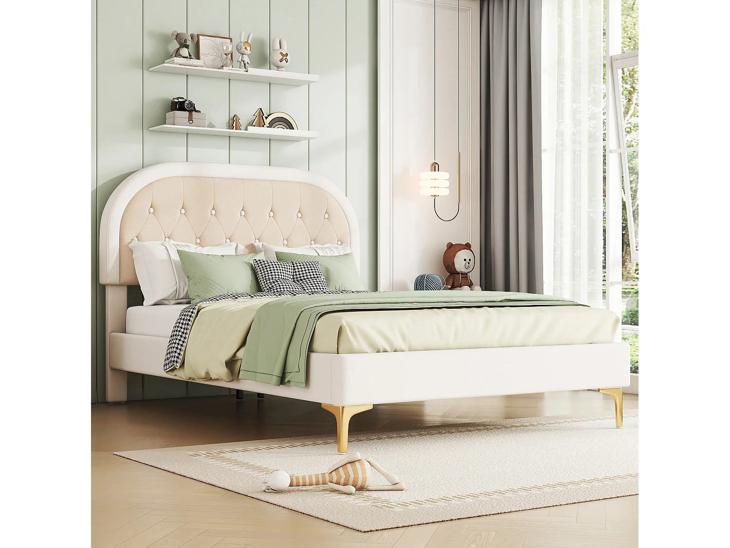 Gestoffeerd bed 140 x 200 cm met gebogen hoofdeinde - metalen poten - fluweel - beige (zonder matras)