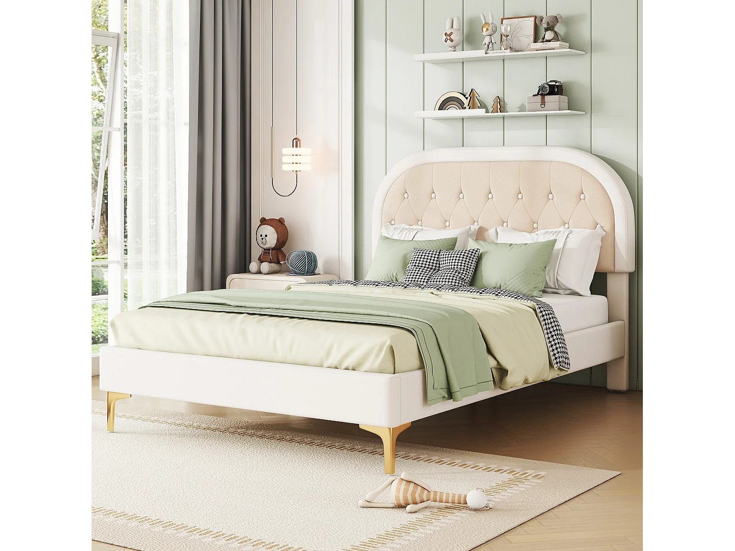 Gestoffeerd bed 140 x 200 cm met gebogen hoofdeinde - metalen poten - fluweel - beige (zonder matras)