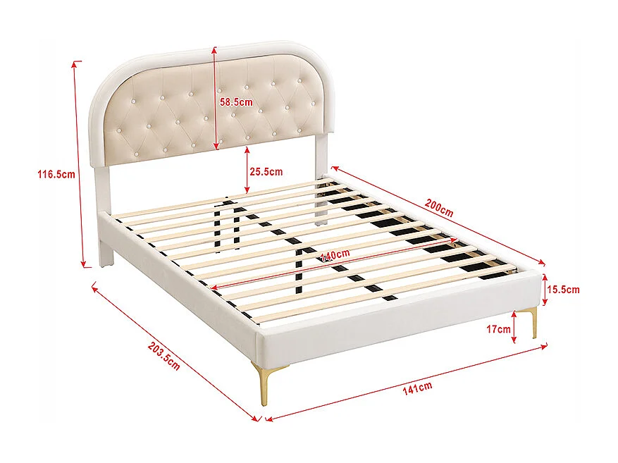 Gestoffeerd bed 140 x 200 cm met gebogen hoofdeinde - metalen poten - fluweel - beige (zonder matras)