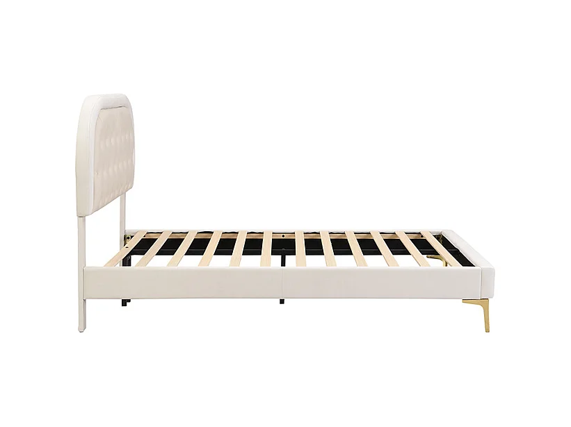 Gestoffeerd bed 140 x 200 cm met gebogen hoofdeinde - metalen poten - fluweel - beige (zonder matras)