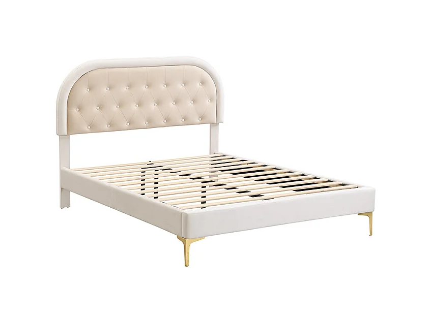 Gestoffeerd bed 140 x 200 cm met gebogen hoofdeinde - metalen poten - fluweel - beige (zonder matras)