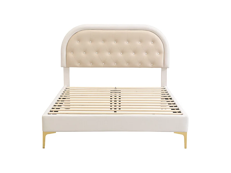 Lit capitonné 140 x 200cm avec tête de lit courbée - pieds en métal - velours - beige (sans matelas)
