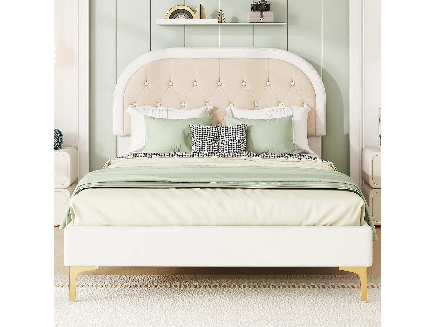 Lit capitonné 140 x 200cm avec tête de lit courbée - pieds en métal - velours - beige (sans matelas)