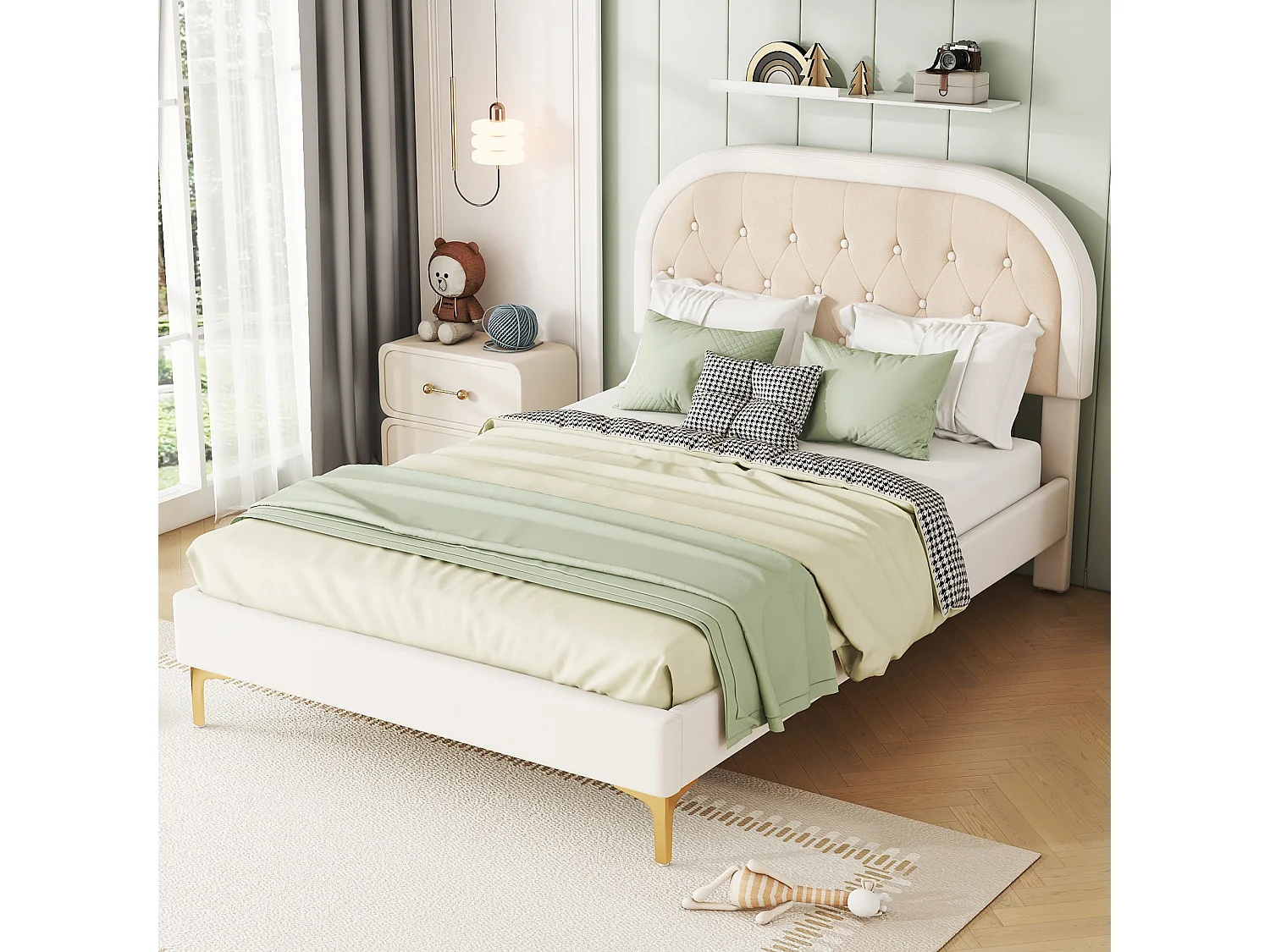 Lit capitonné 140 x 200cm avec tête de lit courbée - pieds en métal - velours - beige (sans matelas)