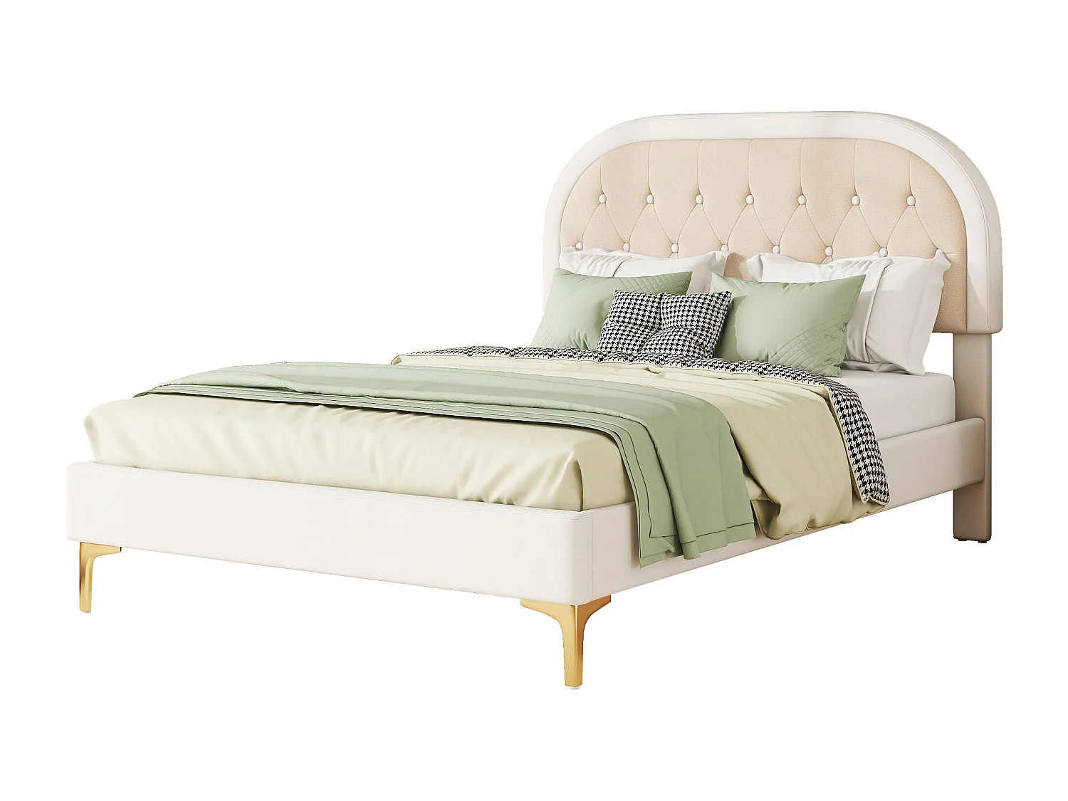 Lit capitonné 140 x 200cm avec tête de lit courbée - pieds en métal - velours - beige (sans matelas)