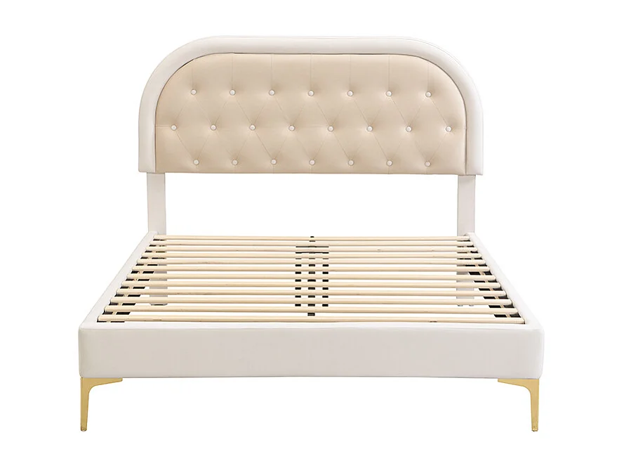 Lit capitonné 140 x 200cm avec tête de lit courbée - pieds en métal - velours - beige (sans matelas)