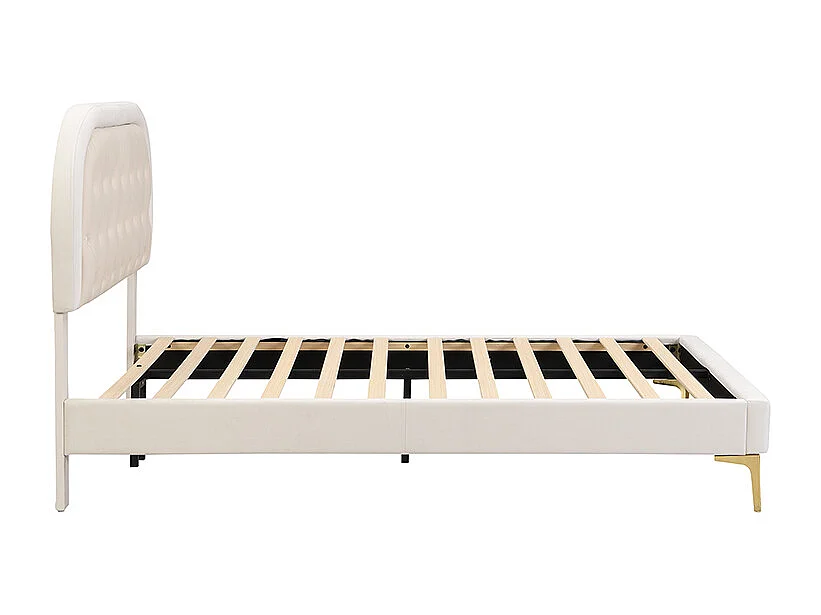 Lit capitonné 140 x 200cm avec tête de lit courbée - pieds en métal - velours - beige (sans matelas)