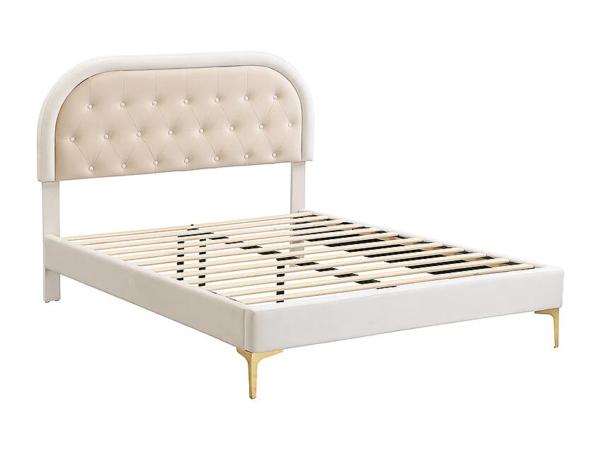 Lit capitonné 140 x 200cm avec tête de lit courbée - pieds en métal - velours - beige (sans matelas)