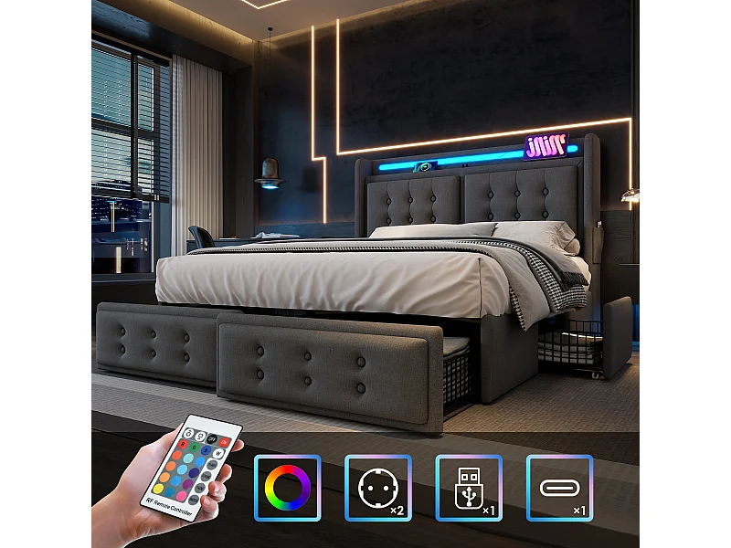 Lit capitonné 140 x 200 cm avec 4 tiroirs, tête de lit LED, prise USB Type-C - Tissu en coton - Gris (sans matelas)