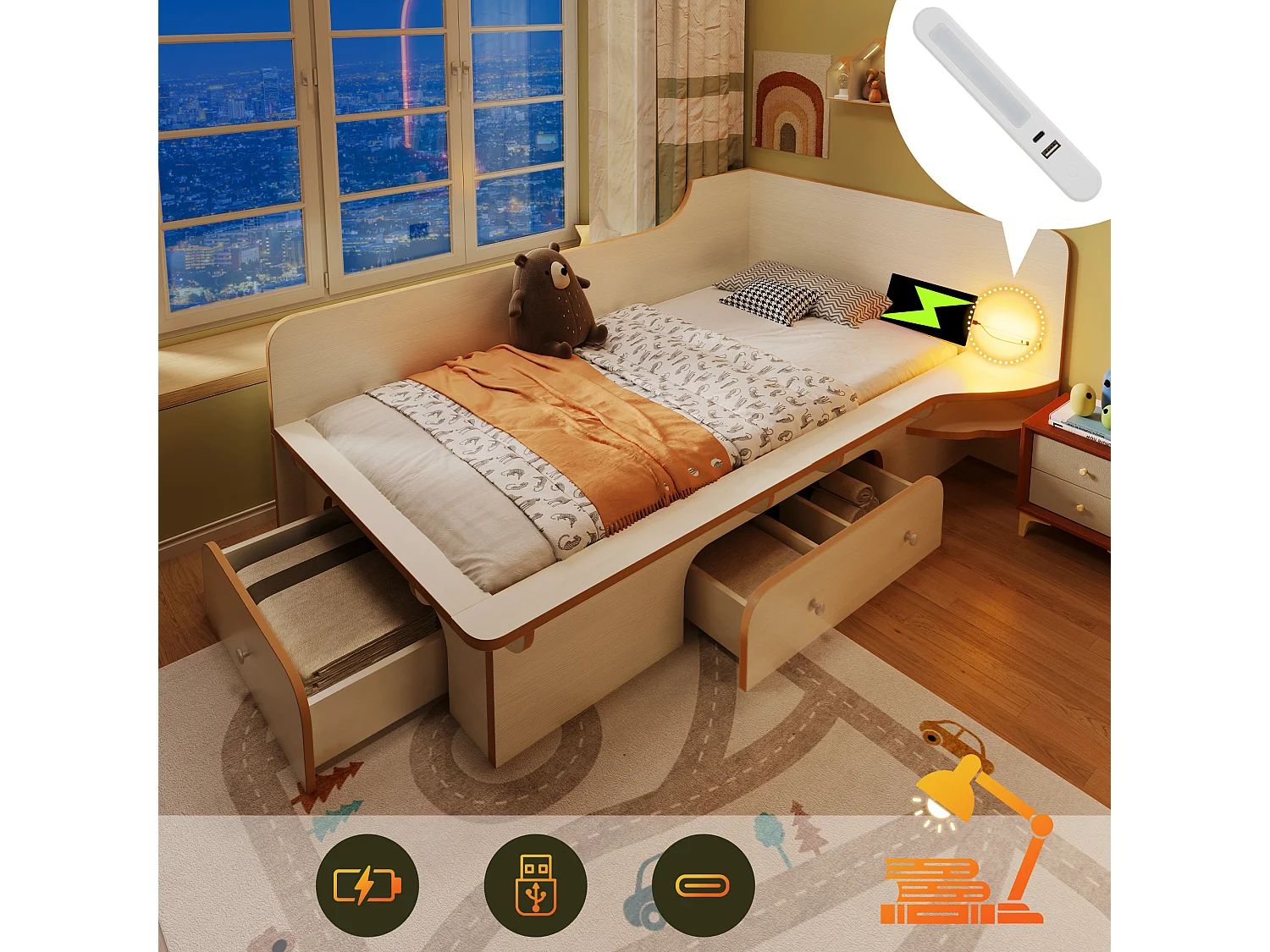 Lit enfant 90 x 200 cm avec 3 tiroirs, lampe de lecture et prise USB Type-C - Bois massif et MDF - Blanc (sans matelas)