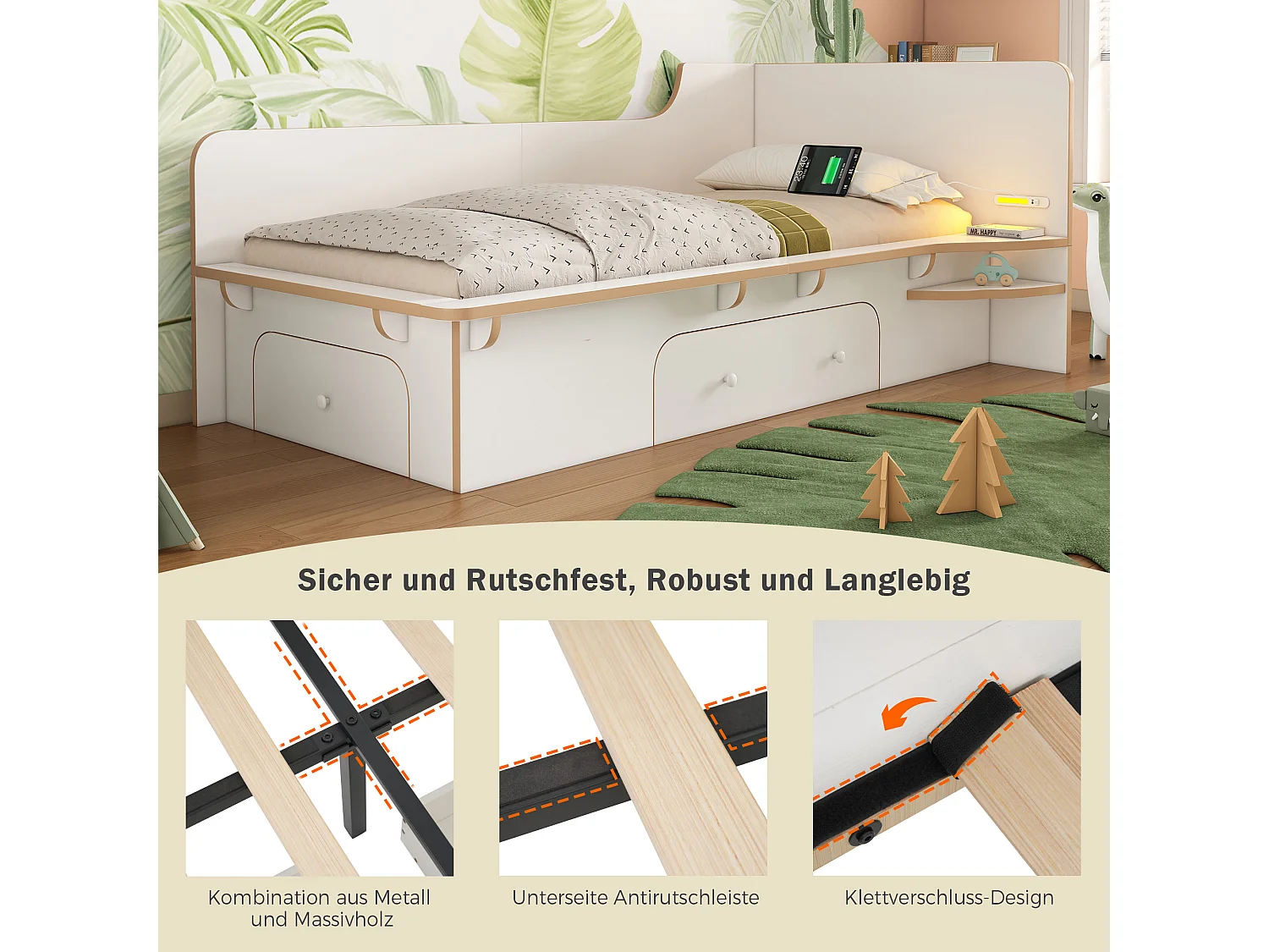Lit enfant 90 x 200 cm avec 3 tiroirs, lampe de lecture et prise USB Type-C - Bois massif et MDF - Blanc (sans matelas)