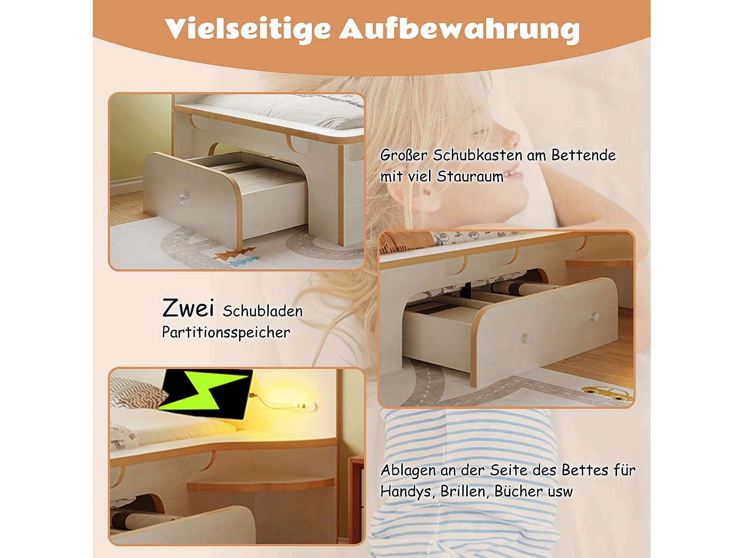 Lit enfant 90 x 200 cm avec 3 tiroirs, lampe de lecture et prise USB Type-C - Bois massif et MDF - Blanc (sans matelas)