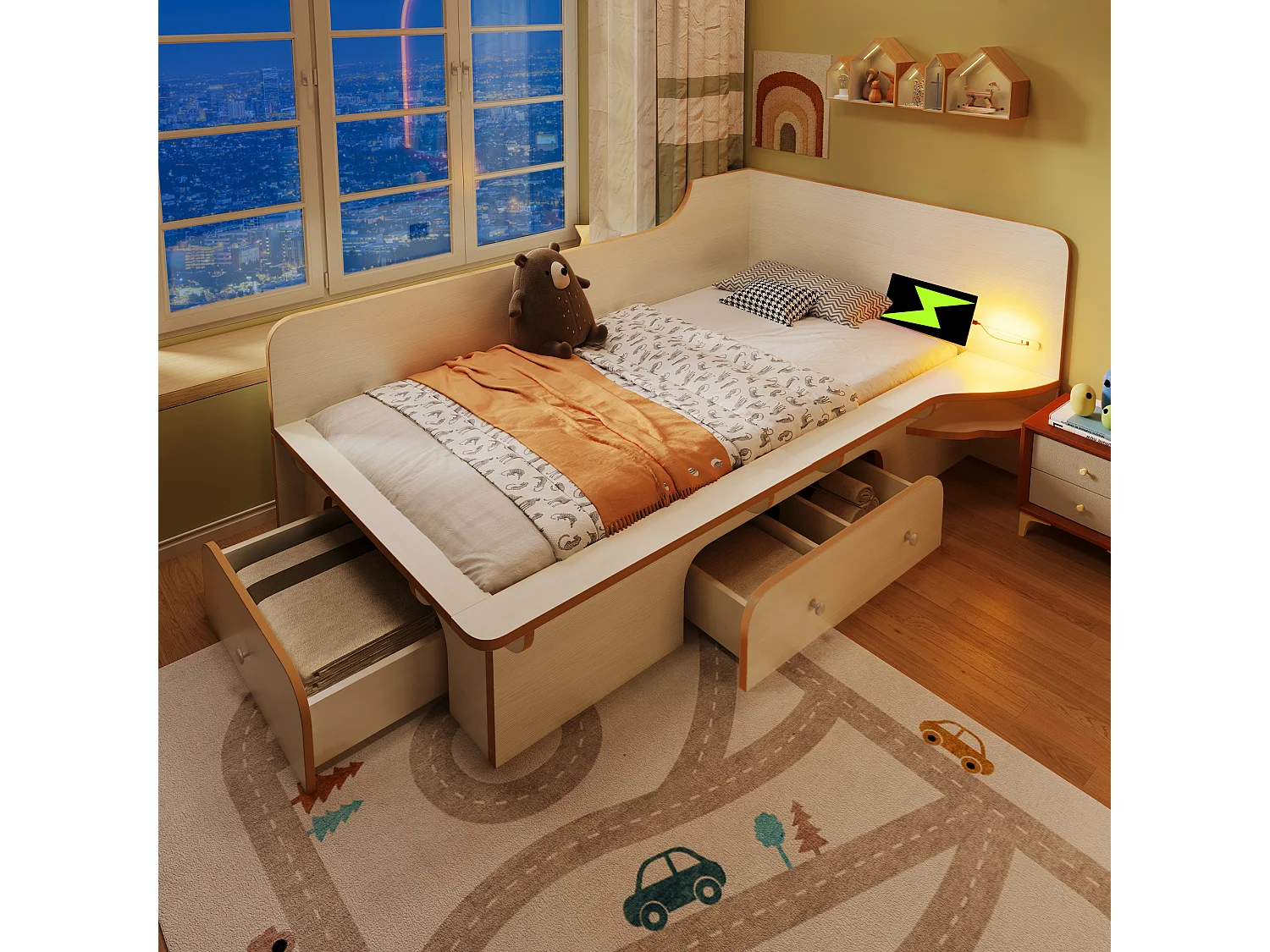 Lit enfant 90 x 200 cm avec 3 tiroirs, lampe de lecture et prise USB Type-C - Bois massif et MDF - Blanc (sans matelas)
