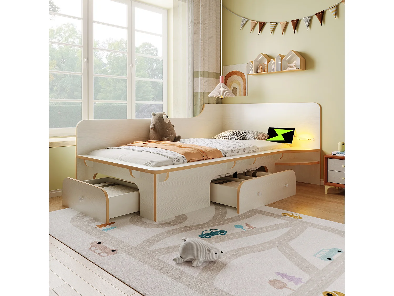 Lit enfant 90 x 200 cm avec 3 tiroirs, lampe de lecture et prise USB Type-C - Bois massif et MDF - Blanc (sans matelas)