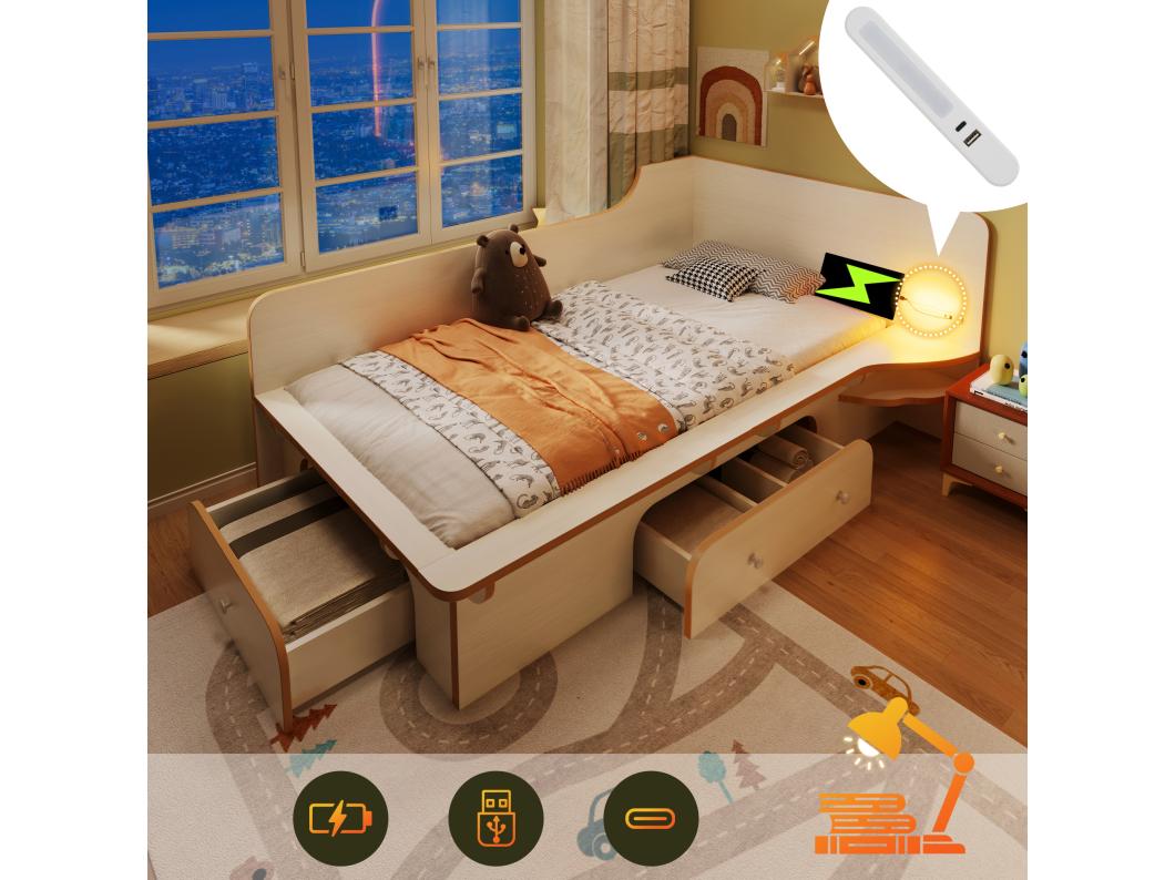 Kinderbed 90 x 200 cm met 3 lades, leeslamp en USB Type-C aansluiting - Massief hout en MDF - Wit (zonder matras)
