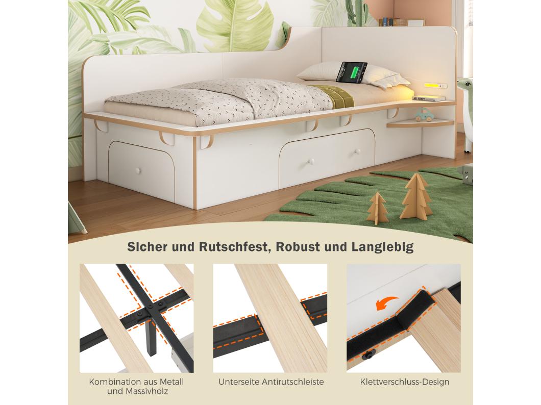 Kinderbed 90 x 200 cm met 3 lades, leeslamp en USB Type-C aansluiting - Massief hout en MDF - Wit (zonder matras)