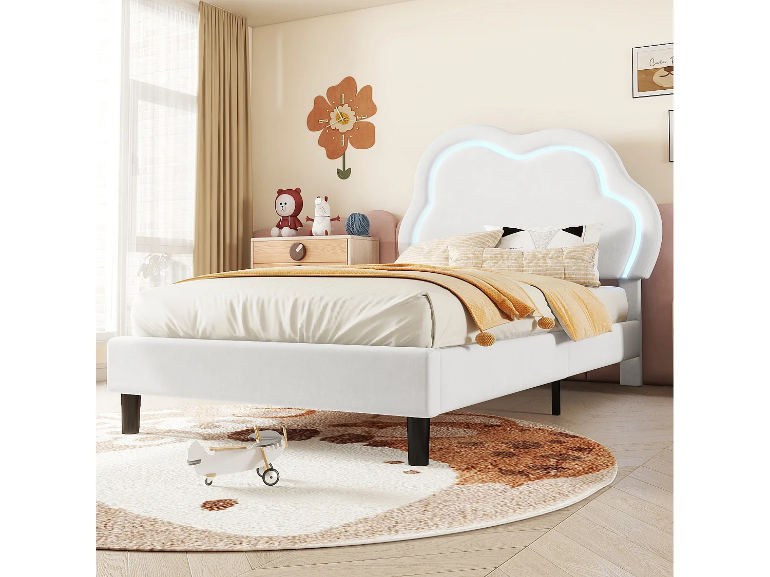 Lit capitonné 90 x 200 cm avec tête de lit réglable - LEDs - velours - beige (sans matelas)