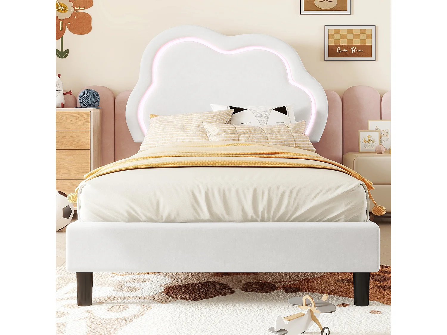 Lit capitonné 90 x 200 cm avec tête de lit réglable - LEDs - velours - beige (sans matelas)
