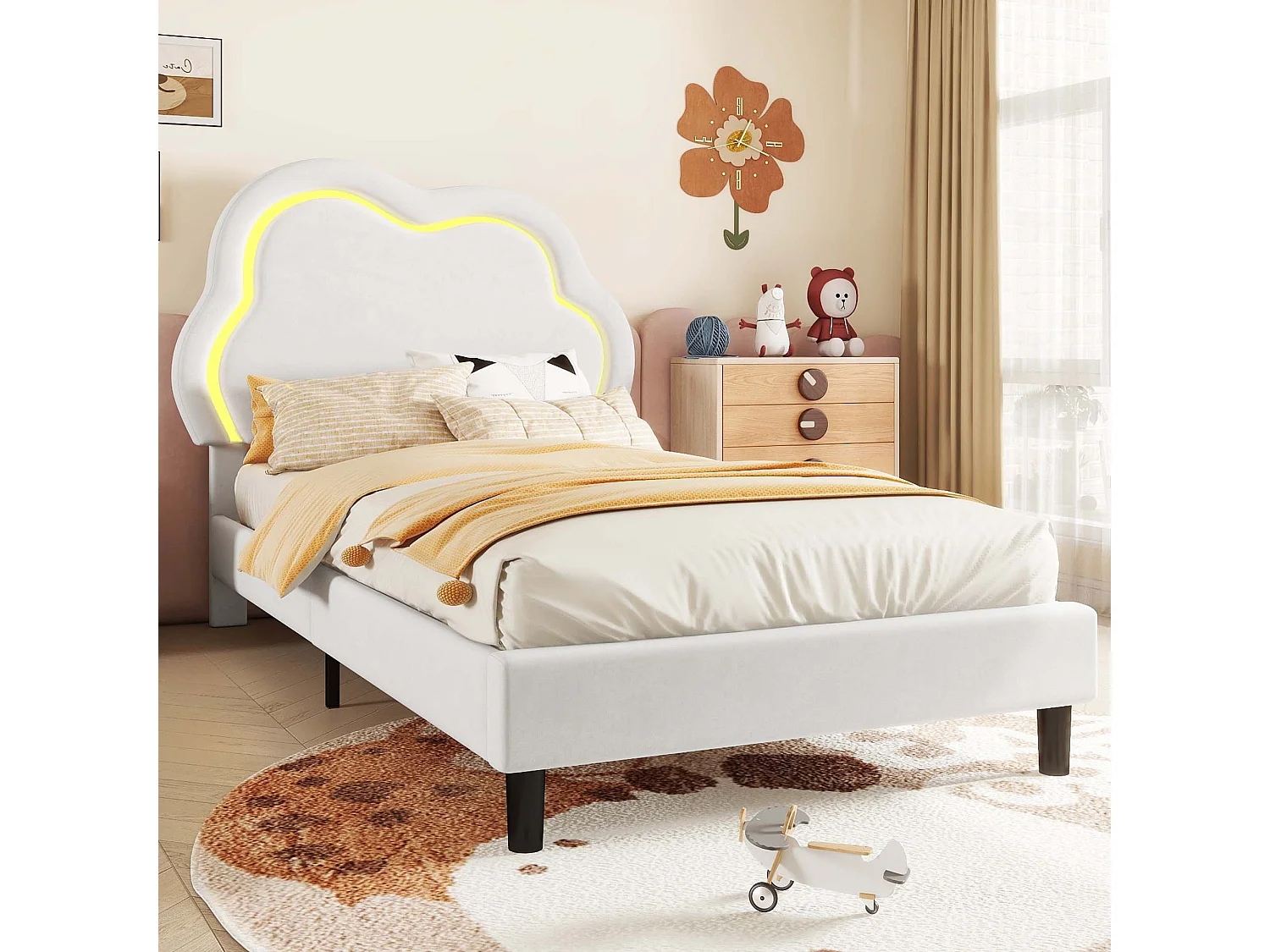 Lit capitonné 90 x 200 cm avec tête de lit réglable - LEDs - velours - beige (sans matelas)