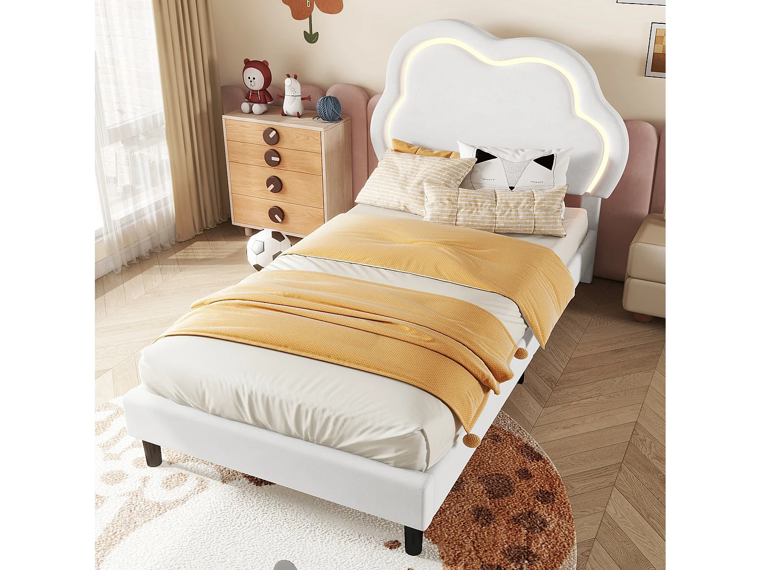 Lit capitonné 90 x 200 cm avec tête de lit réglable - LEDs - velours - beige (sans matelas)