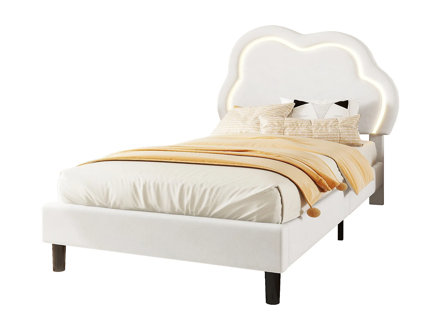 Lit capitonné 90 x 200 cm avec tête de lit réglable - LEDs - velours - beige (sans matelas)