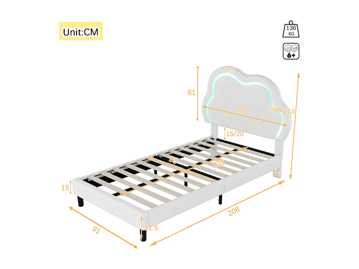 Lit capitonné 90 x 200 cm avec tête de lit réglable - LEDs - velours - beige (sans matelas)