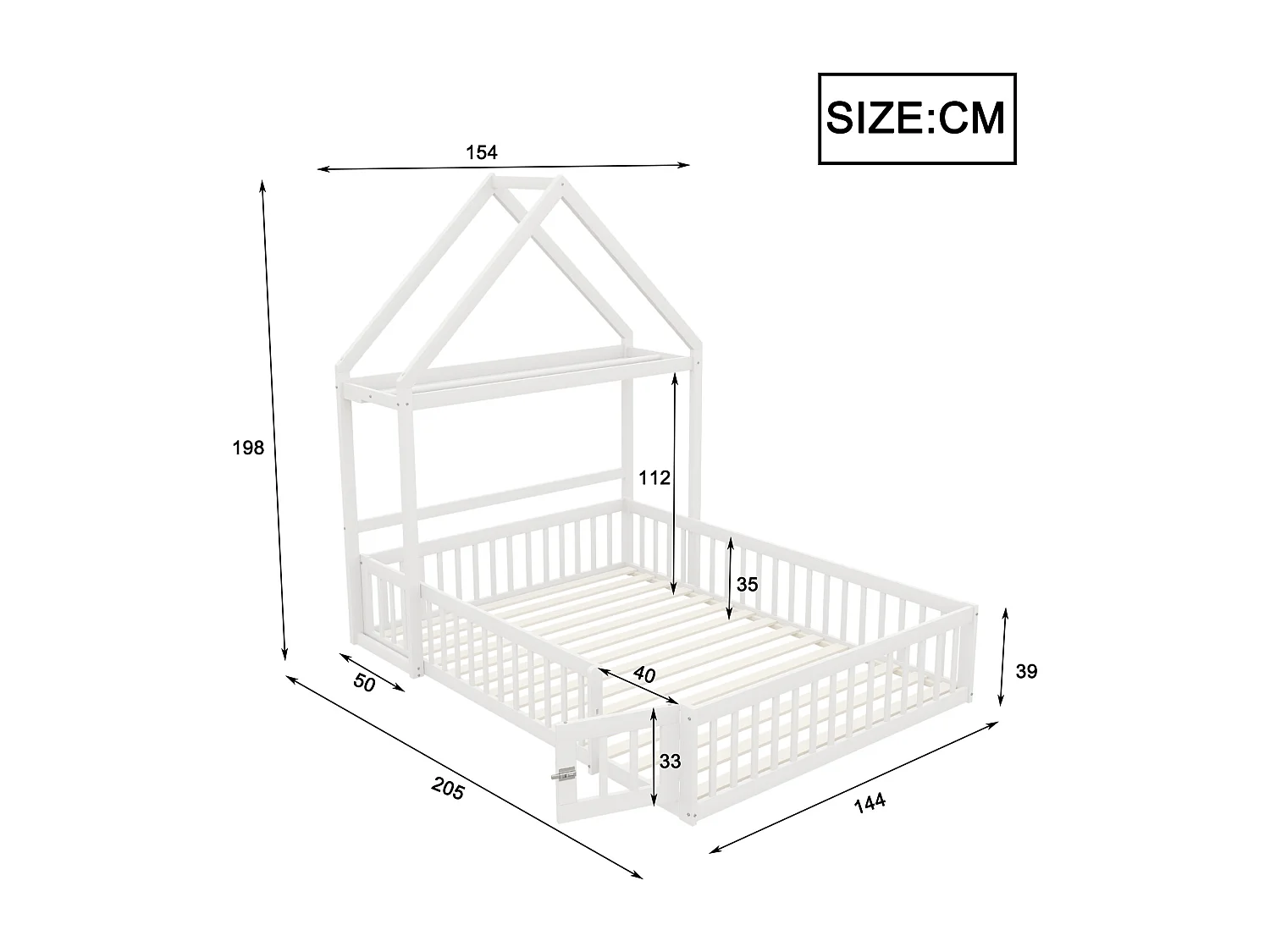 Łóżko dziecięce 140 x 200 cm z kratką zabezpieczającą i drzwiczkami - Oddzielny zagłówek - Drewno lite + MDF - Białe