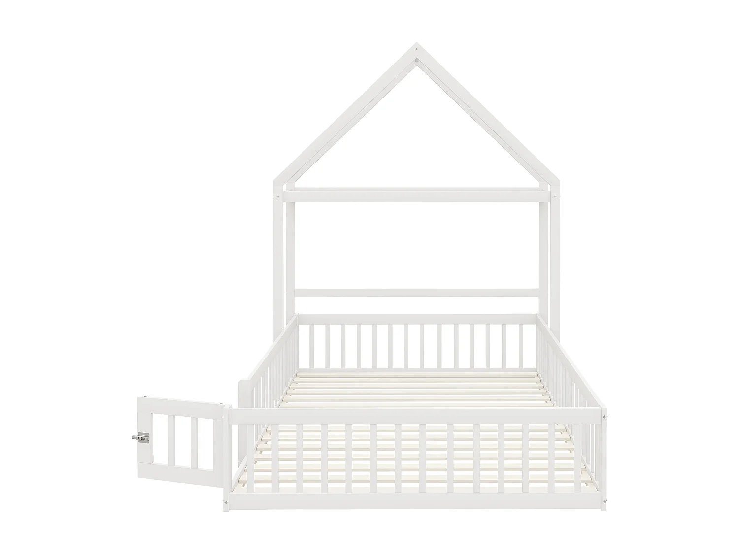 Lit enfant 140 x 200 cm avec grille de protection et porte - Tête de lit séparable - Bois massif + MDF - Blanc
