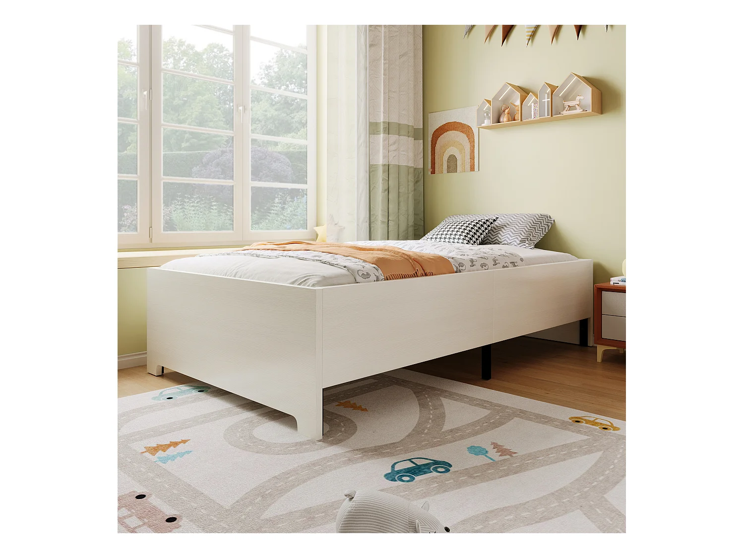 Eenpersoonsbed 90 x 200 cm massief hout zonder hoofdeinde - Antislipdesign - Massief hout en MDF - Wit (zonder matras)