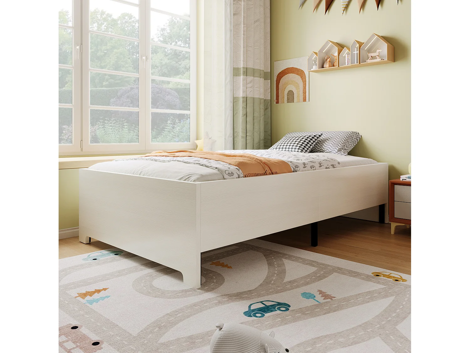 Cama individual 90x200 cm madera maciza sin cabecero - Diseño antideslizante - Madera maciza y MDF - Blanco (sin colchón)