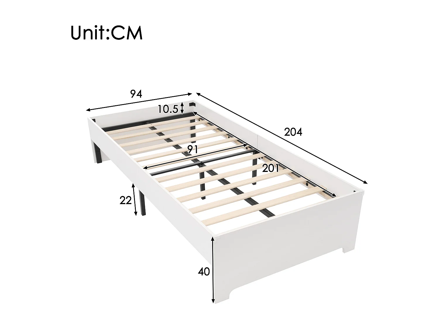 Cama individual 90x200 cm madera maciza sin cabecero - Diseño antideslizante - Madera maciza y MDF - Blanco (sin colchón)